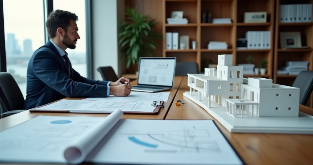 Engenheiro civil analisando documentos técnicos ao lado de maquete e plantas de construção
