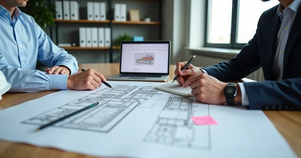 Engenheiro e advogado analisando laudo técnico com planta baixa em mesa de reunião