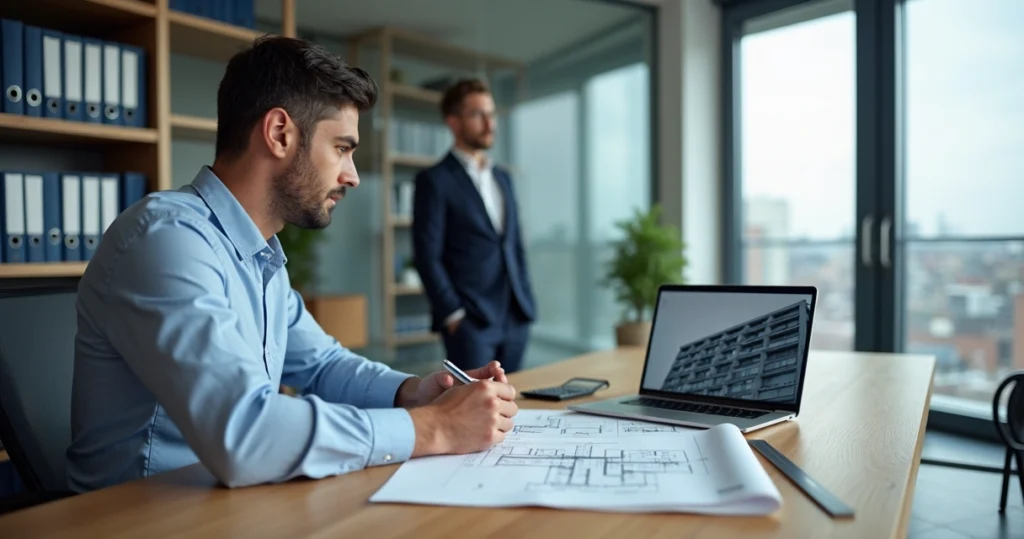 Engenheiro perito analisando documentos técnicos e formulando quesitos periciais em escritório jurídico