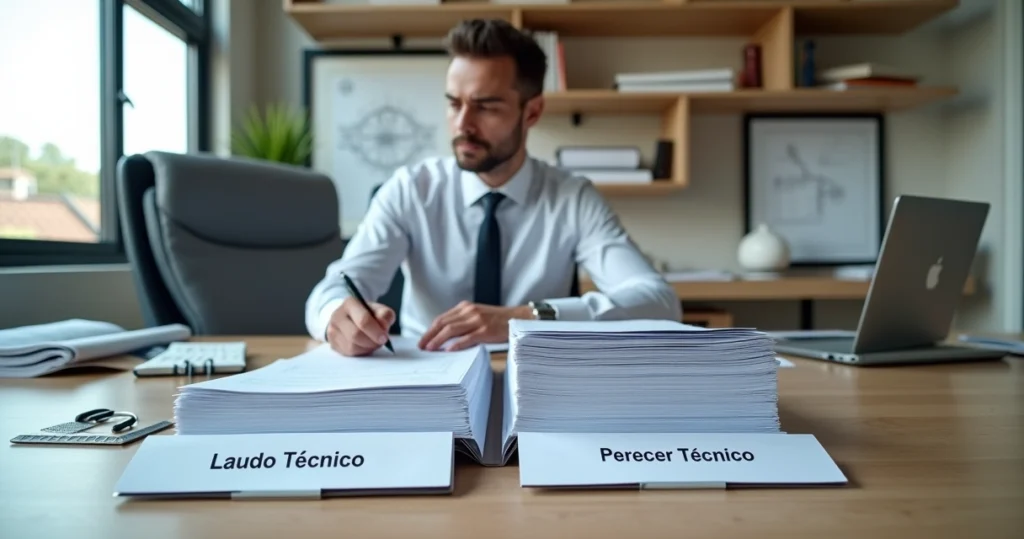 Engenheiro analisando documentos de laudo e parecer técnico em escritório moderno
