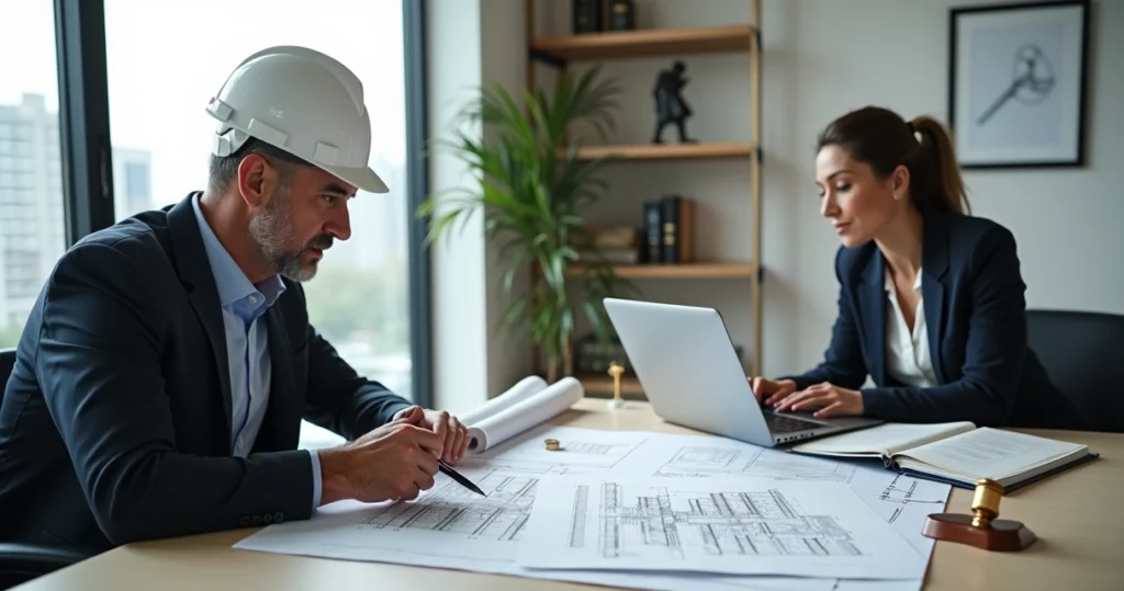 Engenheiro civil analisando documentos técnicos e planta com juíza em mesa de reunião