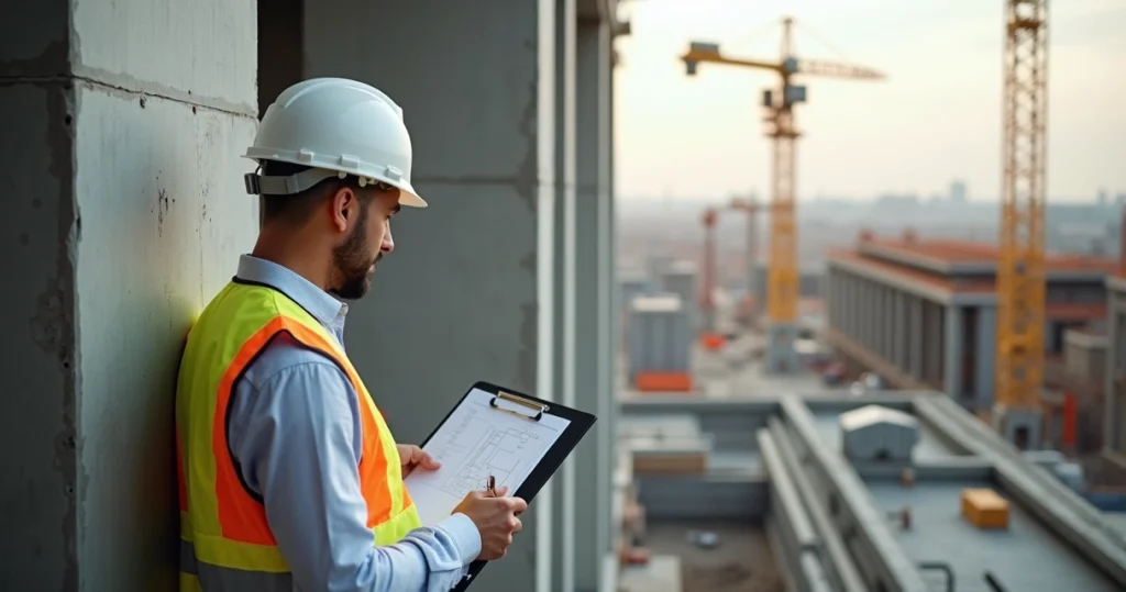 Engenheiro civil analisando obra com prancheta e capacete em canteiro de construção