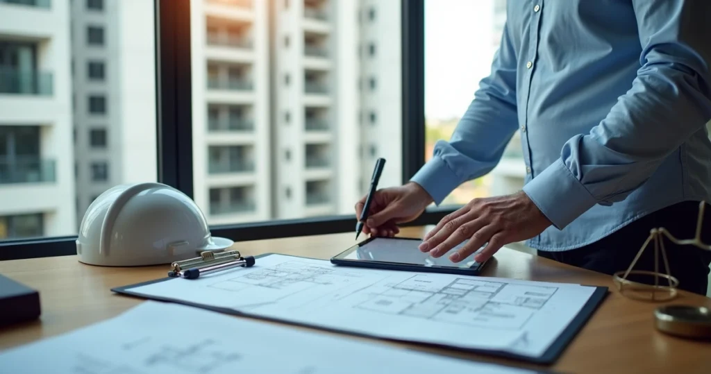 Engenheiro analisando documentos técnicos em frente a prédio residencial