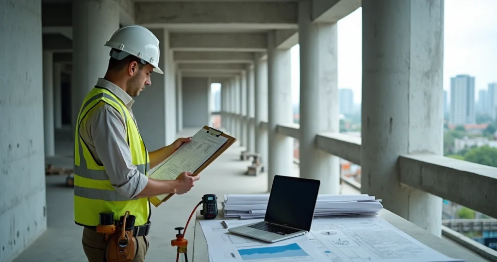 Engenheiro civil analisando estrutura de concreto com prancheta e documentos técnicos