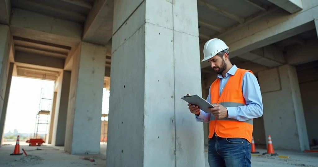 Engenheiro civil avaliando estrutura de concreto em edifício com prancheta e capacete