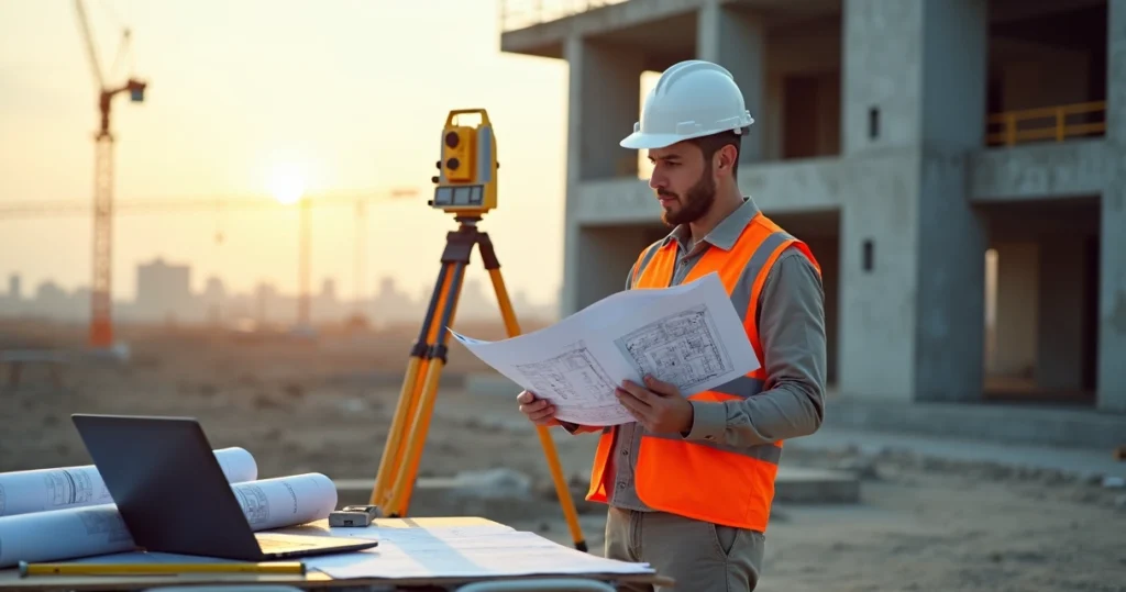 Engenheiro analisando prancheta com laudo técnico em obra de construção civil