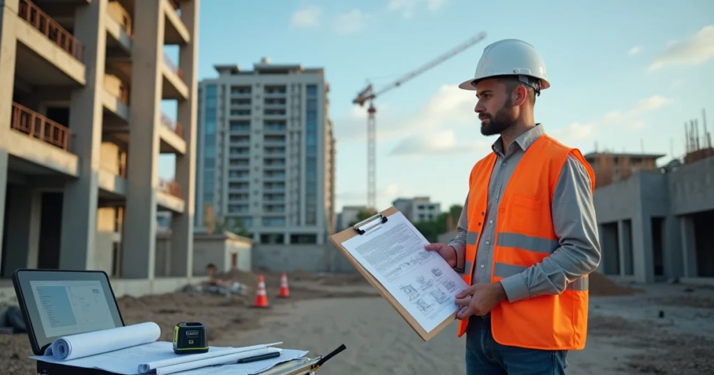 Engenheiro civil analisando estrutura de prédio com prancheta de laudo técnico