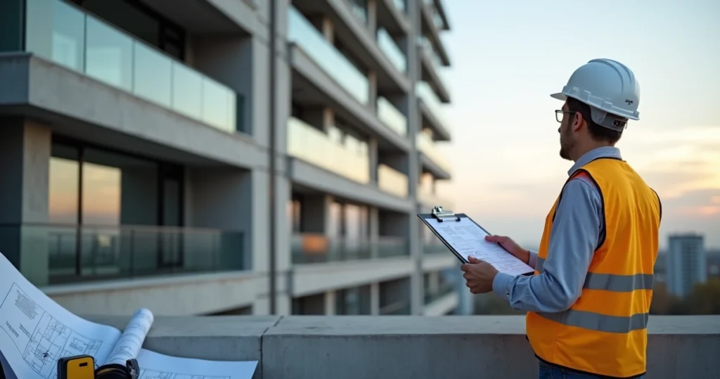 Engenheiro vistoriando fachada de prédio com prancheta e registro fotográfico