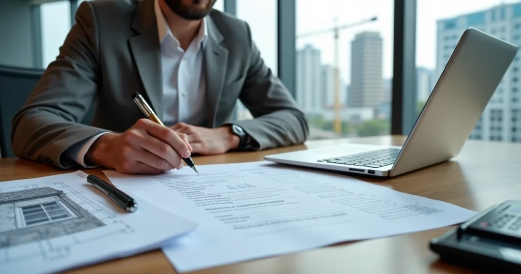 Engenheiro civil analisando planta e laudo técnico em mesa de escritório