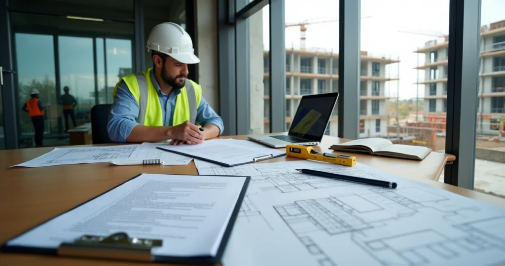 Engenheiro perito civil analisando planta e laudo técnico em obra