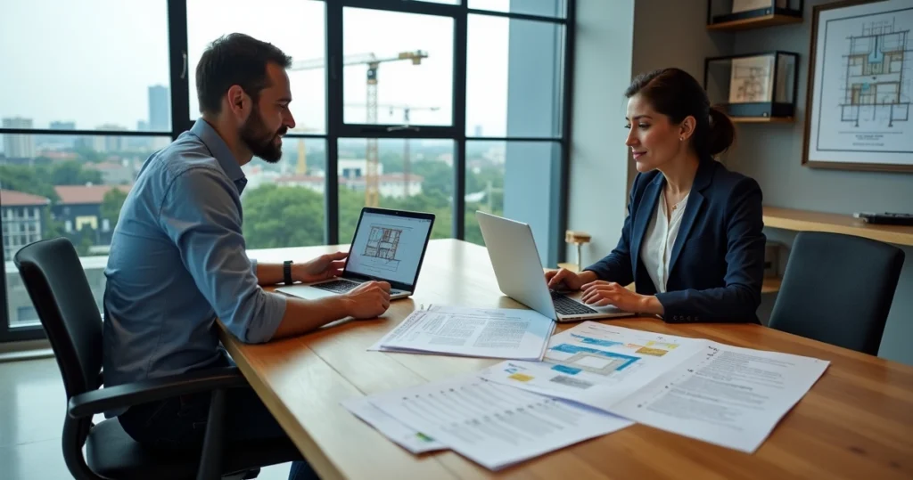Engenheiro perito revisando quesitos técnicos de perícia em engenharia com advogado em escritório