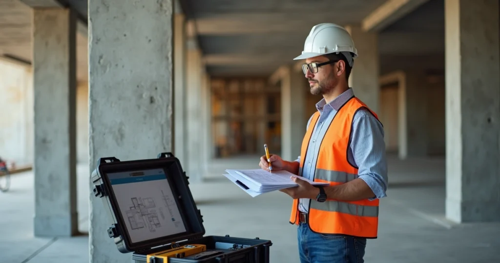 Engenheiro realizando perícia com prancheta em obra com estrutura de concreto