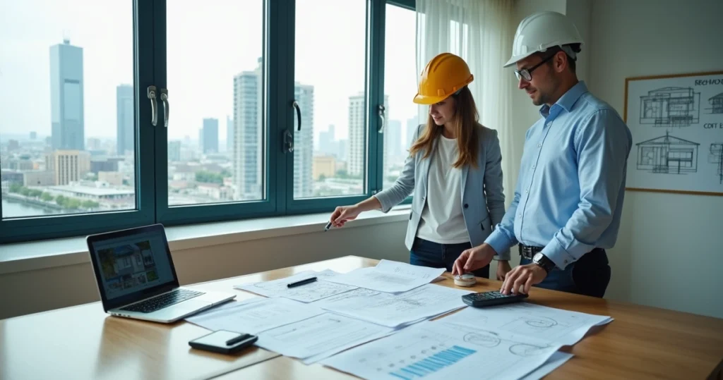 Engenheiro analisando plantas e laudos técnicos sobre a mesa para orçamento de perícia de engenharia