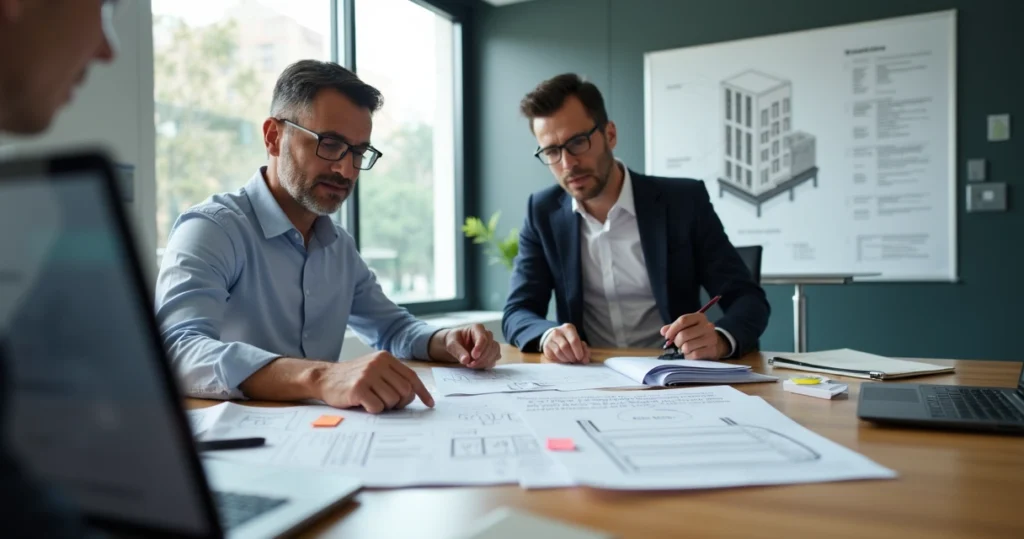 Engenheiro analisando documentos técnicos ao lado de advogado em reunião de perícia