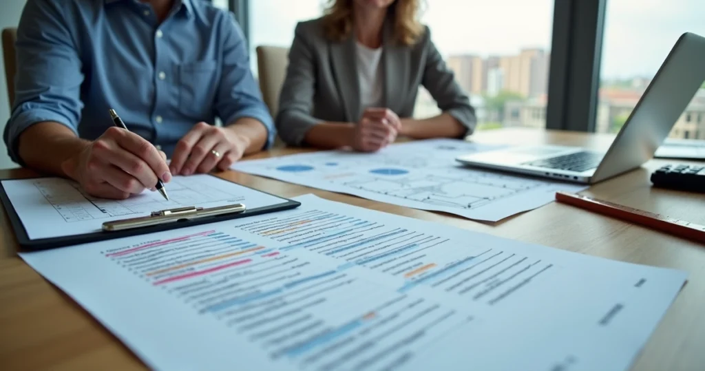 Engenheiro analisa quesitos técnicos de perícia de engenharia sobre plantas e laudo na mesa