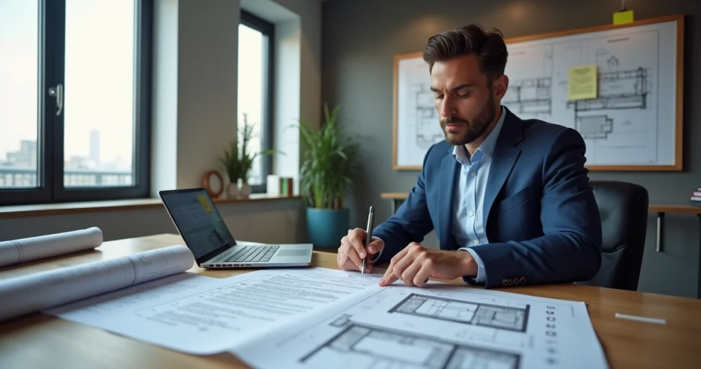 Engenheiro civil analisando laudo técnico com quesitos de perícia em escritório