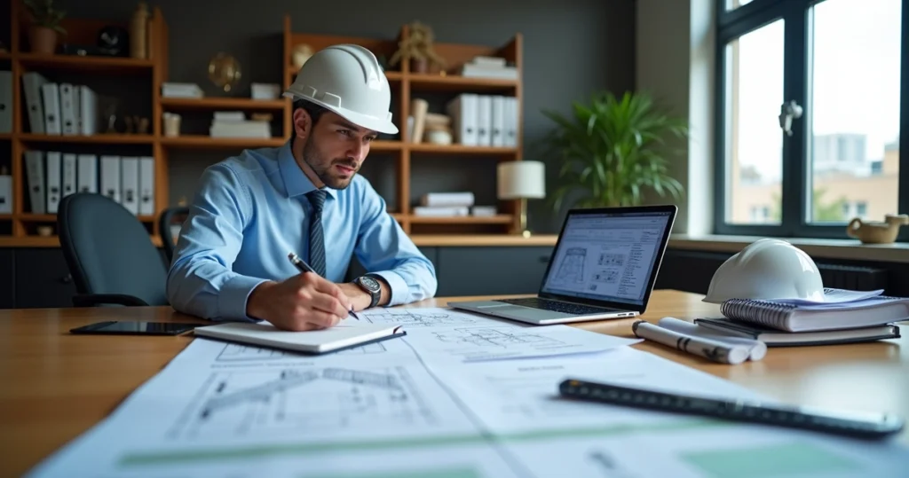 Engenheiro perito analisando documentos técnicos e respondendo quesitos complementares em mesa de escritório