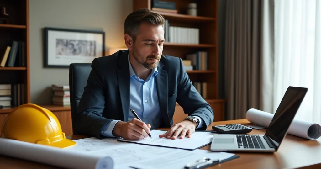 Engenheiro perito judicial analisando documentos técnicos em escritório jurídico