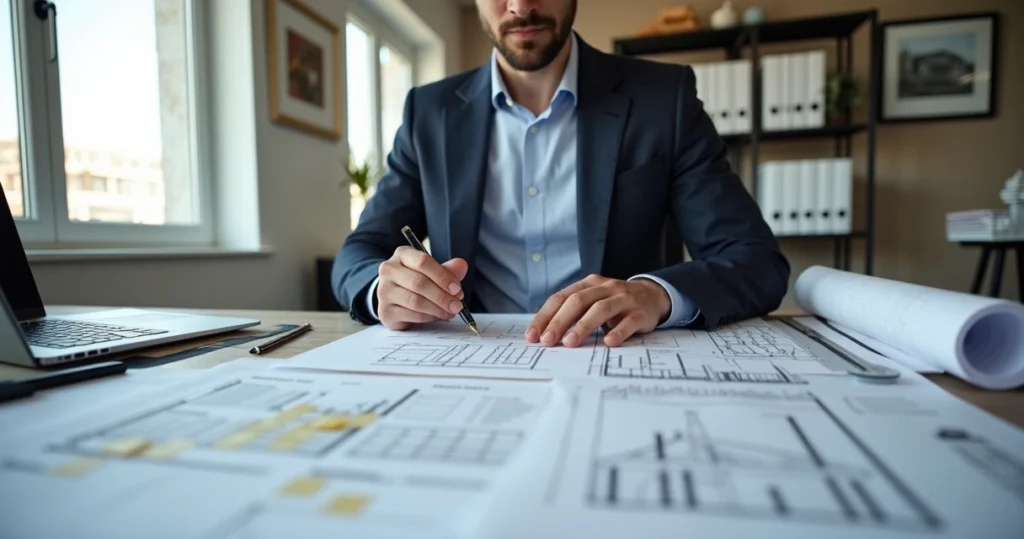 Engenheiro civil analisando documentos técnicos de perícia em escritório moderno
