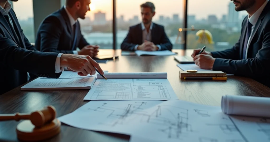 Advogado e engenheiro analisando laudo pericial sobre mesa de reunião