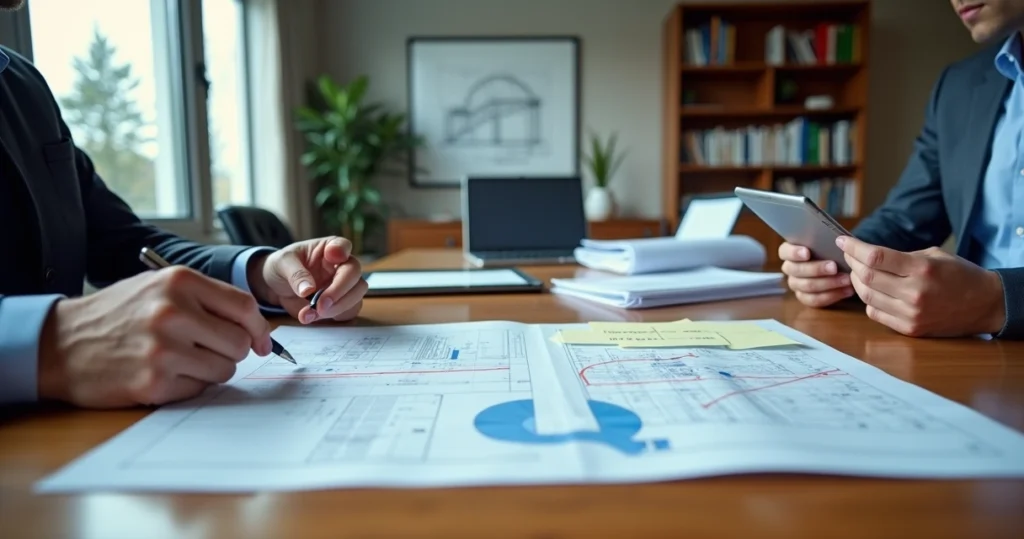 Advogado e engenheiro analisando laudo pericial de engenharia no escritório