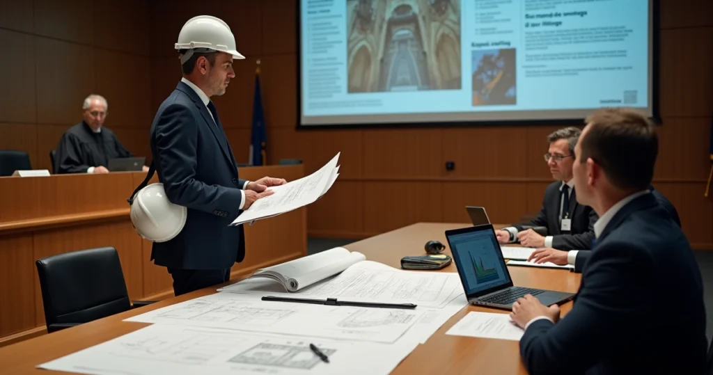 Perito de engenharia apresenta laudo técnico em processo judicial com juiz e advogados