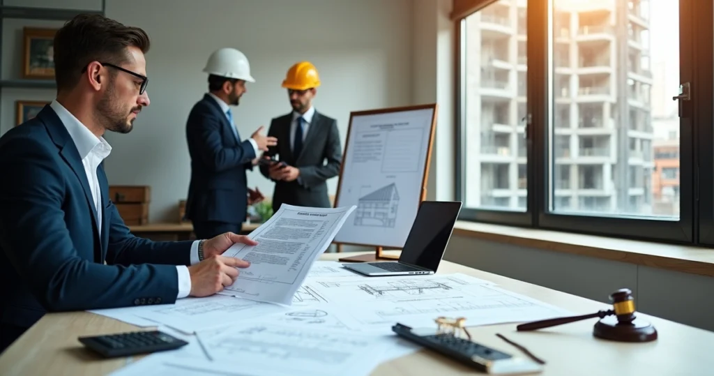 Engenheiro perito analisando planta e estrutura de edifício em construção civil