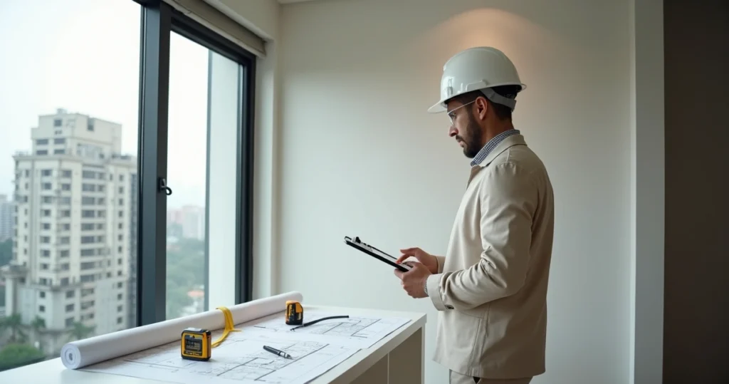 Engenheiro perito analisando imóvel com prancheta e planta técnica