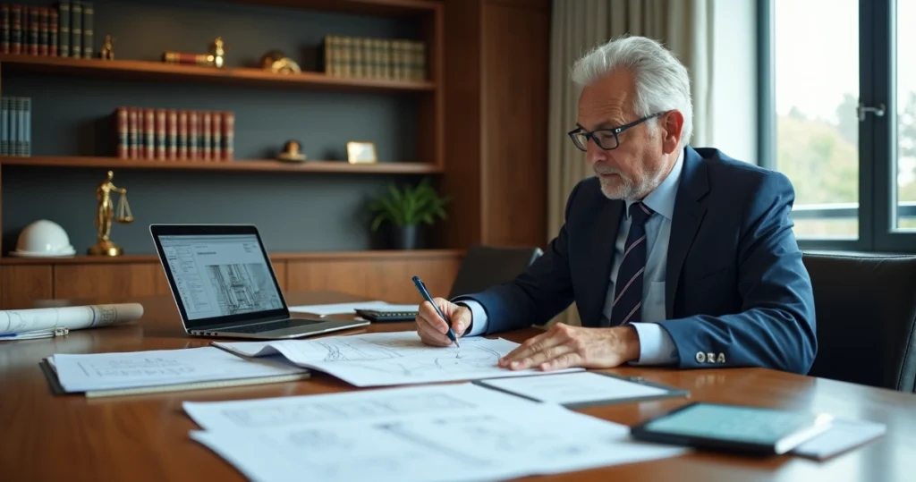Perito de engenharia analisa documentos técnicos em escritório jurídico moderno