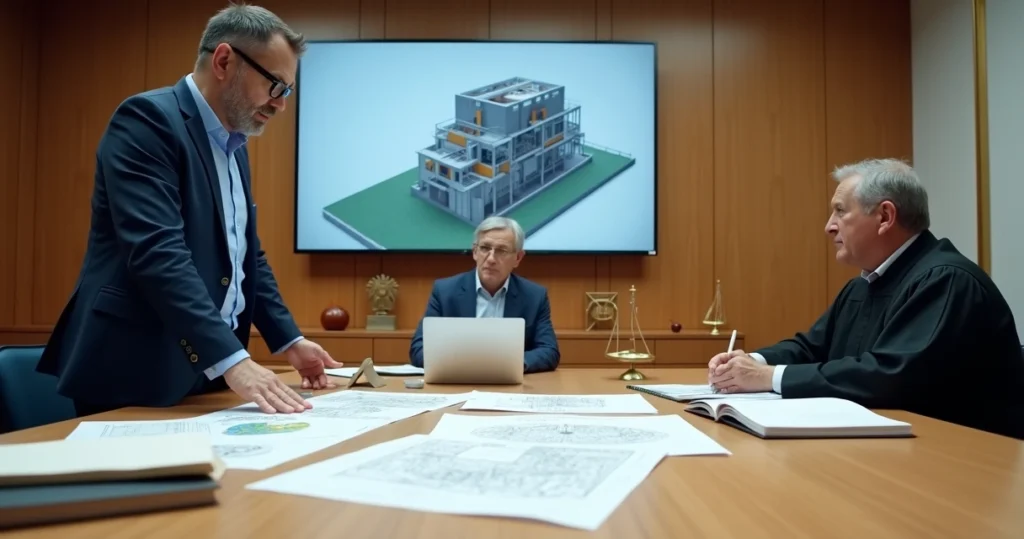 Engenheiro perito explicando laudo técnico de engenharia judicial a juiz em sala de audiência