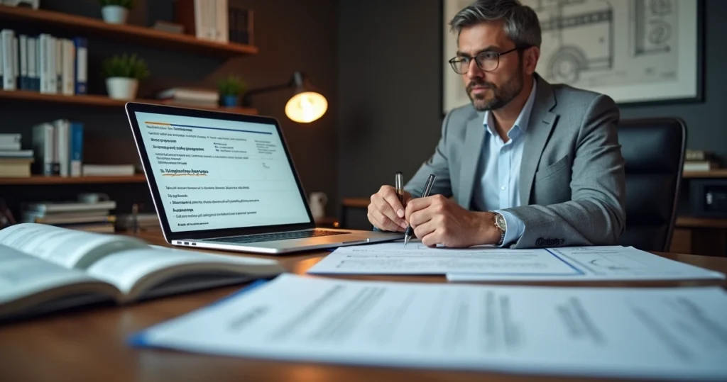 Perito analisa documentos jurídicos com quadros comparando quesitos genéricos e específicos