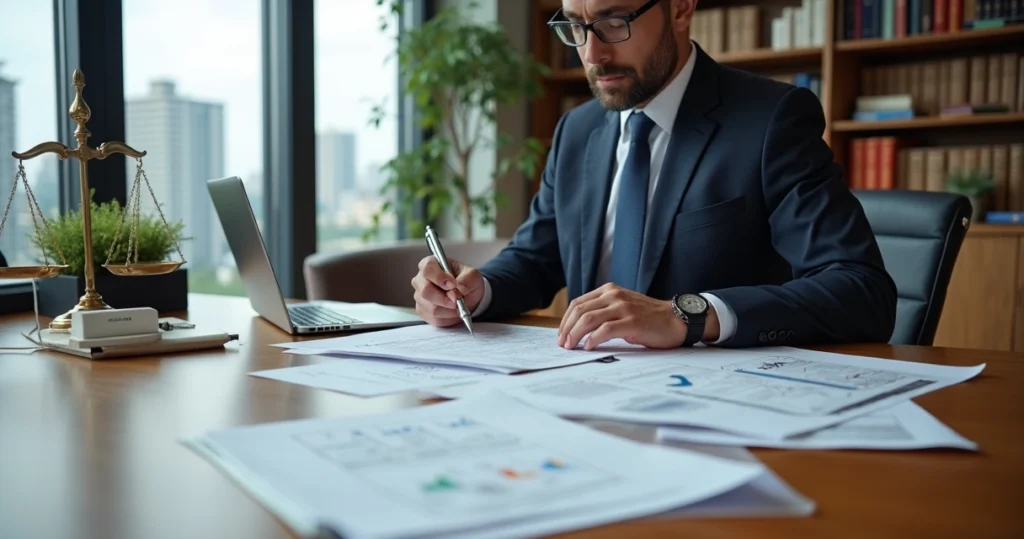 Perito engenheiro analisando documentos técnicos em mesa de reunião jurídica
