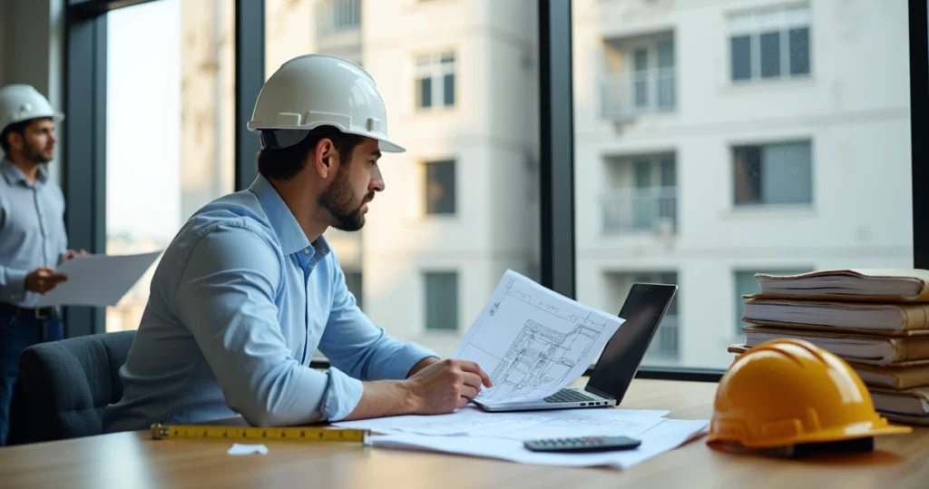 Engenheiro perito analisando danos em prédio com documentos técnicos sobre a mesa
