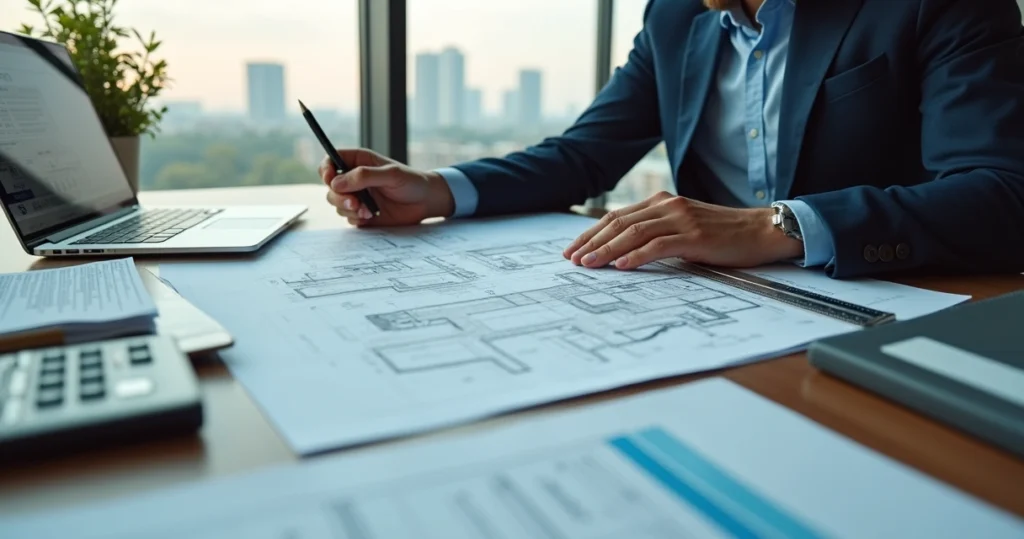 Engenheiro perito analisando plantas e relatório técnico em escritório moderno