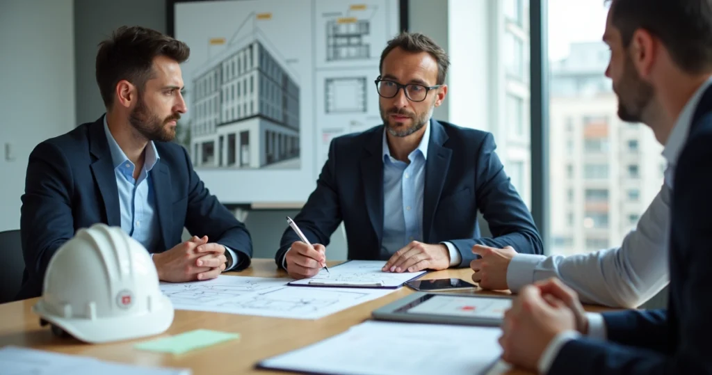 Perito de engenharia explicando laudo técnico e respondendo quesitos em reunião com advogado
