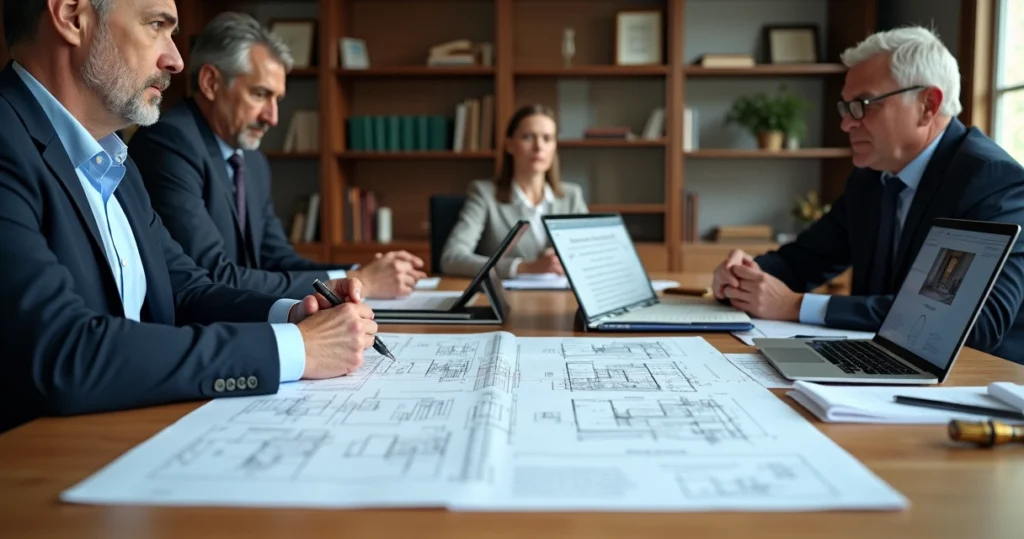 Engenheiro perito e advogado analisando laudo técnico em mesa de reunião