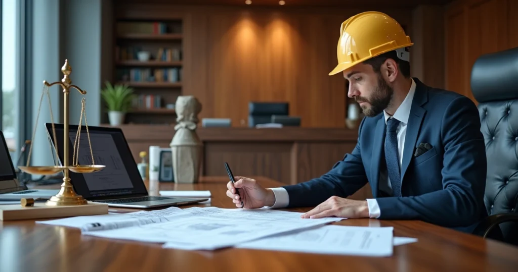 Engenheiro civil perito judicial analisando documentos técnicos em um tribunal