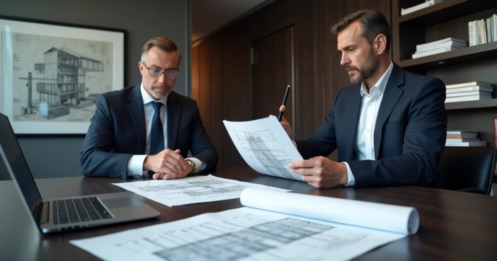 Engenheiro perito analisando laudo pericial ao lado de advogado em mesa de reunião