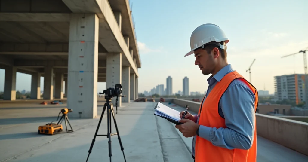 Engenheiro perito com prancheta inspecionando estrutura de concreto em obra civil