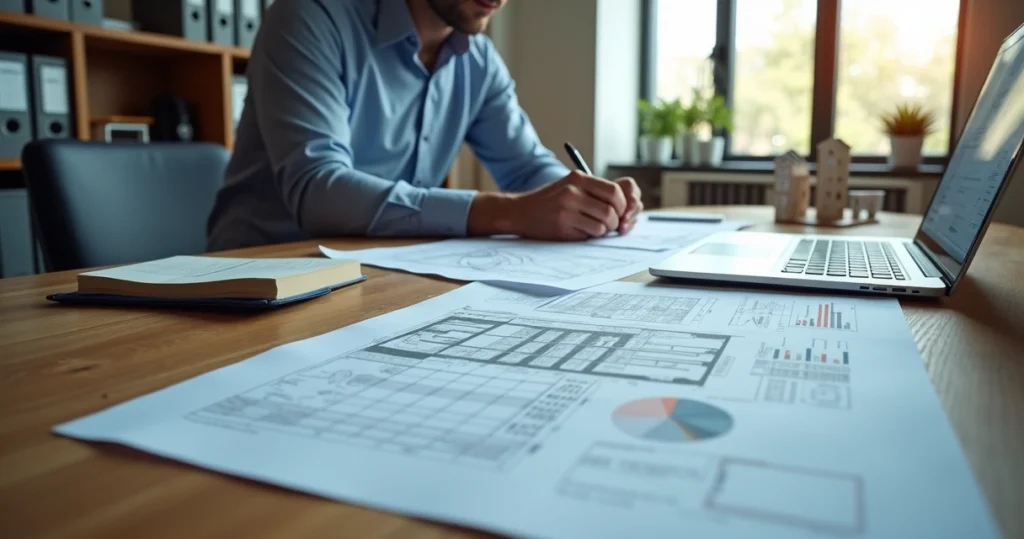 Engenheiro perito analisando laudo técnico de engenharia com documentos e notebook sobre a mesa