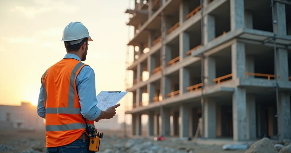 Engenheiro perito analisando estrutura de edifício com prancheta e equipamentos de medição