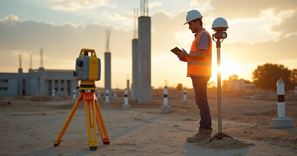 Topógrafo em campo usando estação total e receptor GNSS RTK lado a lado