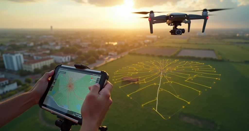 Drone realizando levantamento aerofotogramétrico sobre área mista urbana e rural