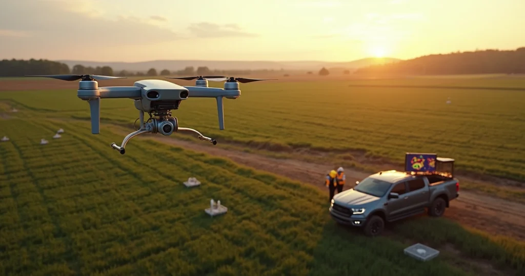 Drone realizando levantamento topográfico sobre área agrícola com pontos de controle no solo