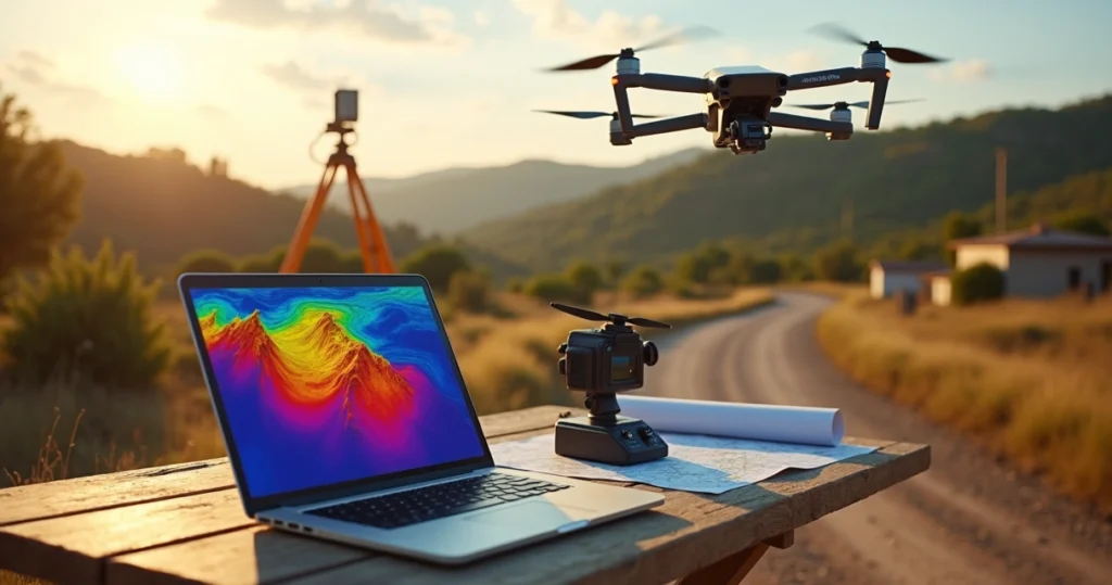 Drone sobrevoando área rural enquanto modelo digital de terreno em 3D aparece em tela de notebook