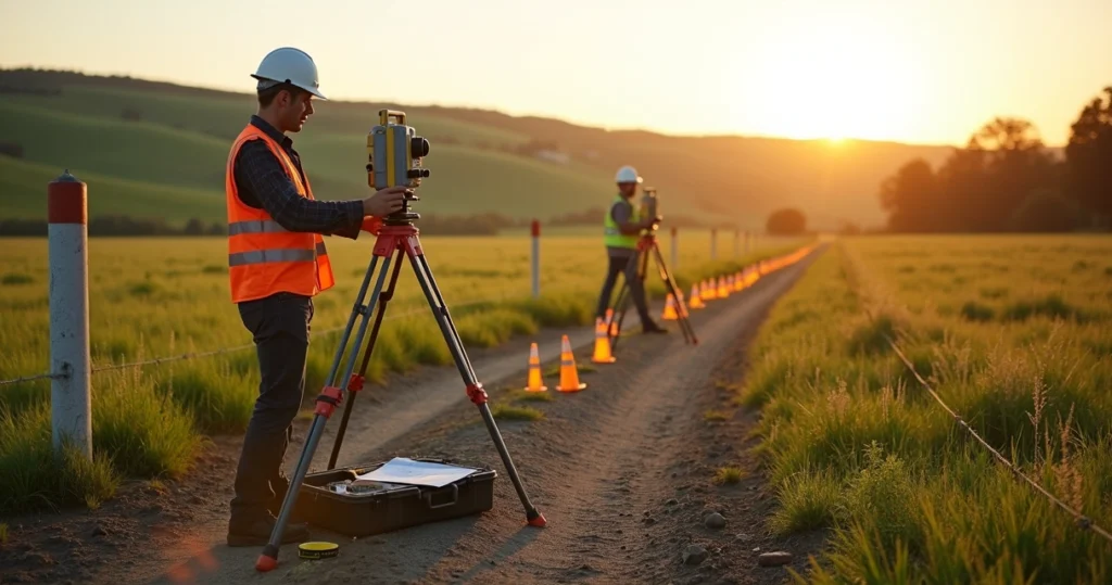 Engenheiro realizando levantamento topográfico em área rural com equipamentos de medição e marco de divisa