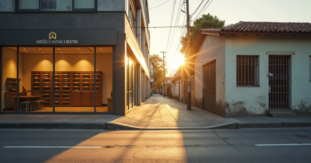 Fachada de cartório de notas ao lado de casa simples em bairro urbano