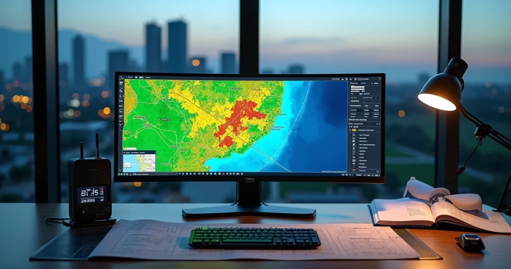 Mapa digital de imóvel urbano e rural com drone e pontos GNSS em tela de computador