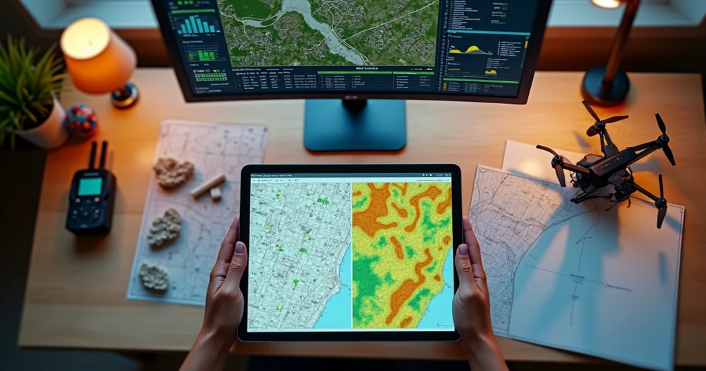 Mapa digital mostrando área urbana e fazenda com dados de geoprocessamento em tablet sobre mesa de trabalho