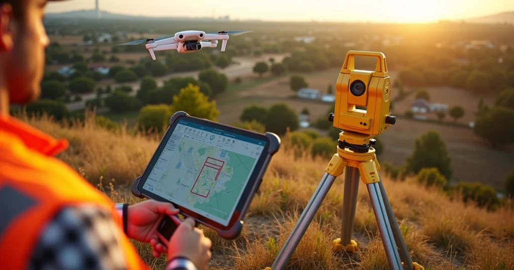Levantamento topográfico em área rural com drone e equipamentos de medição